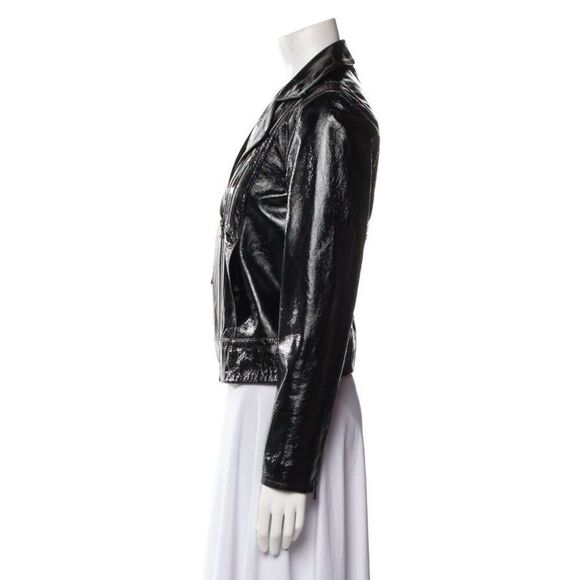 Frame Authentic Solid Black Shine Genuine Lamb Leather Biker Moto Jacket Small - Picture 2 of 8